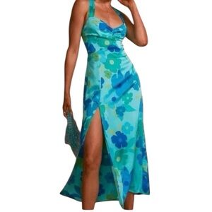 Show Me Your Mumu Mina Midi Floral Blue Halter Dress New Large